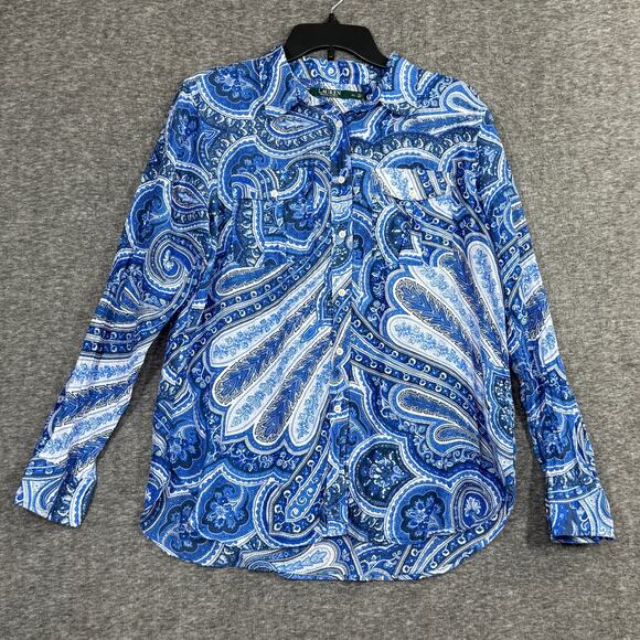 Lauren Ralph Lauren Womens size XL Paisley Print Blue Silk Blend Button Down - Picture 1 of 6